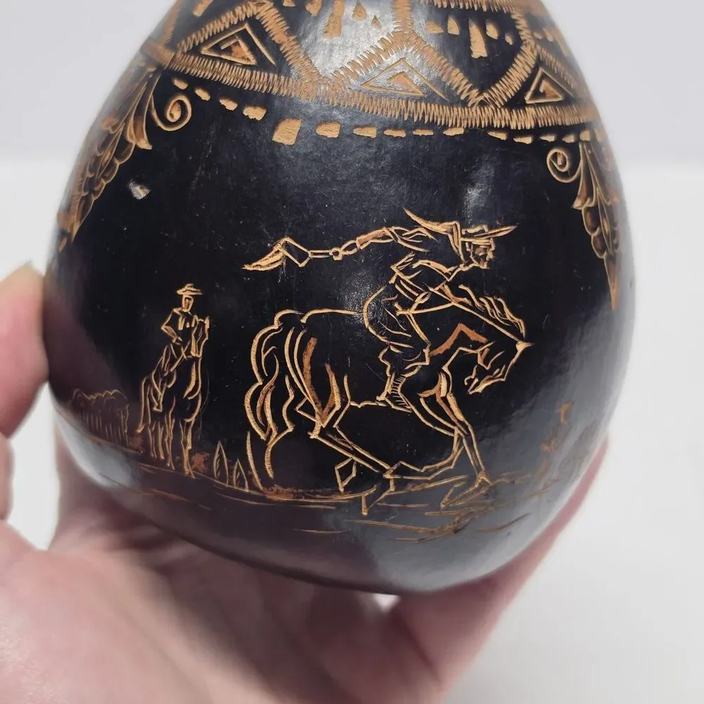 Hand Carved Gourd Vase Decor Tribal Rustic Ethnic Traditional Folk Art Uruguay